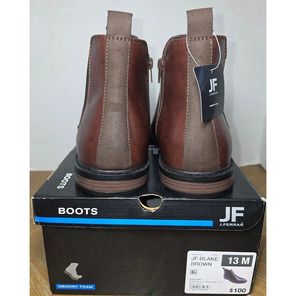 J. Ferrar JF Blake Mens Brown Chelsea Boots Side Zip Memory Foam 13M NWB